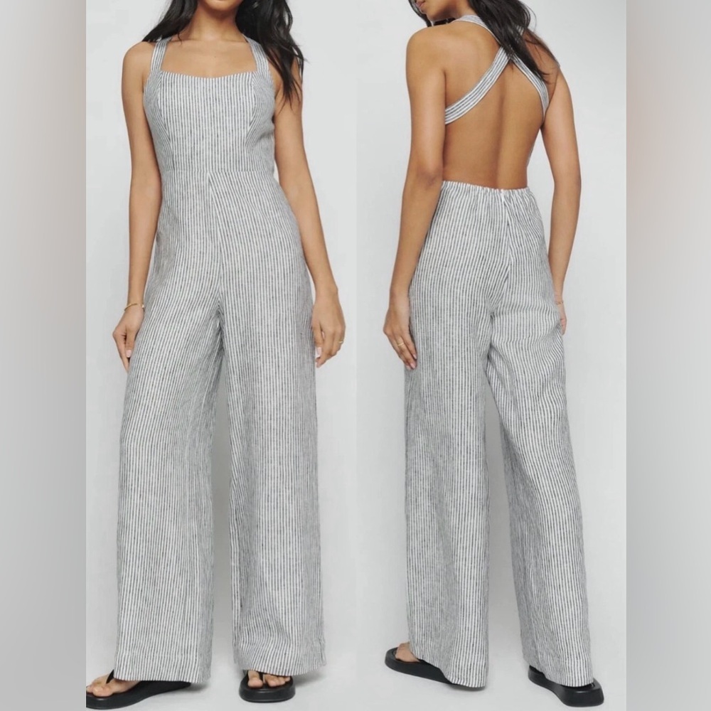 NEW Reformation Autumn Linen Jumpsuit Vineyard Stripes Size 2